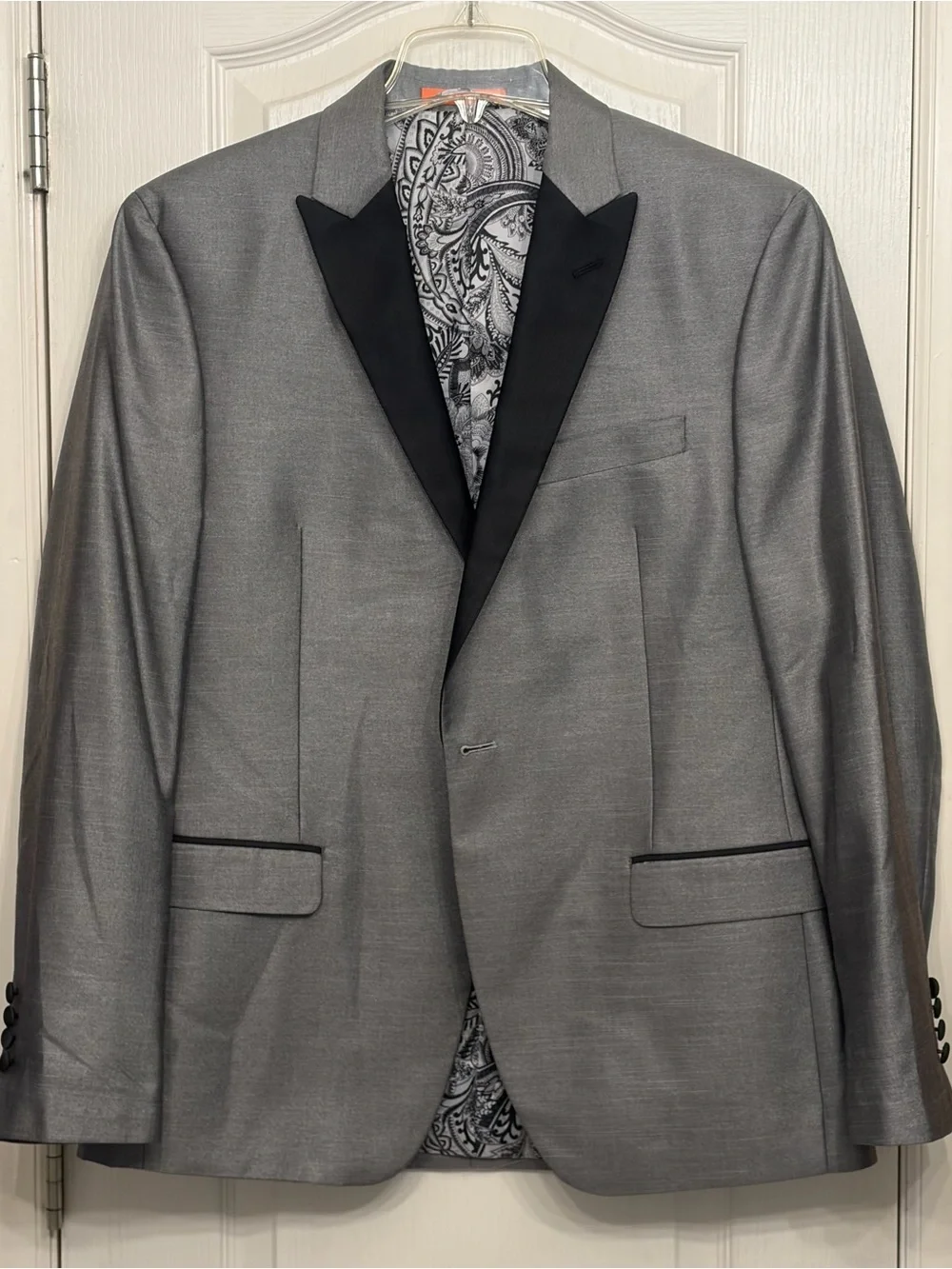 TALLIA Metallic Silver-Gray Tuxedo Jacket with Black Satin Peak Lapel